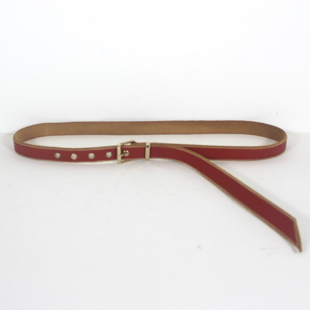 Red Genuine Leather Shaved Beige Edge Belt with Gold Buckle Long Tail Skinny